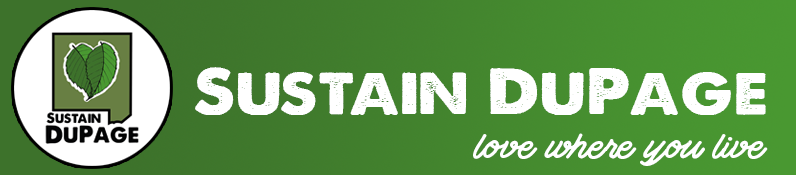 Image of two leaves forming a heart shape in the center of DuPage County with the text "Sustain DuPage" and "Love Where you Live" on a green background