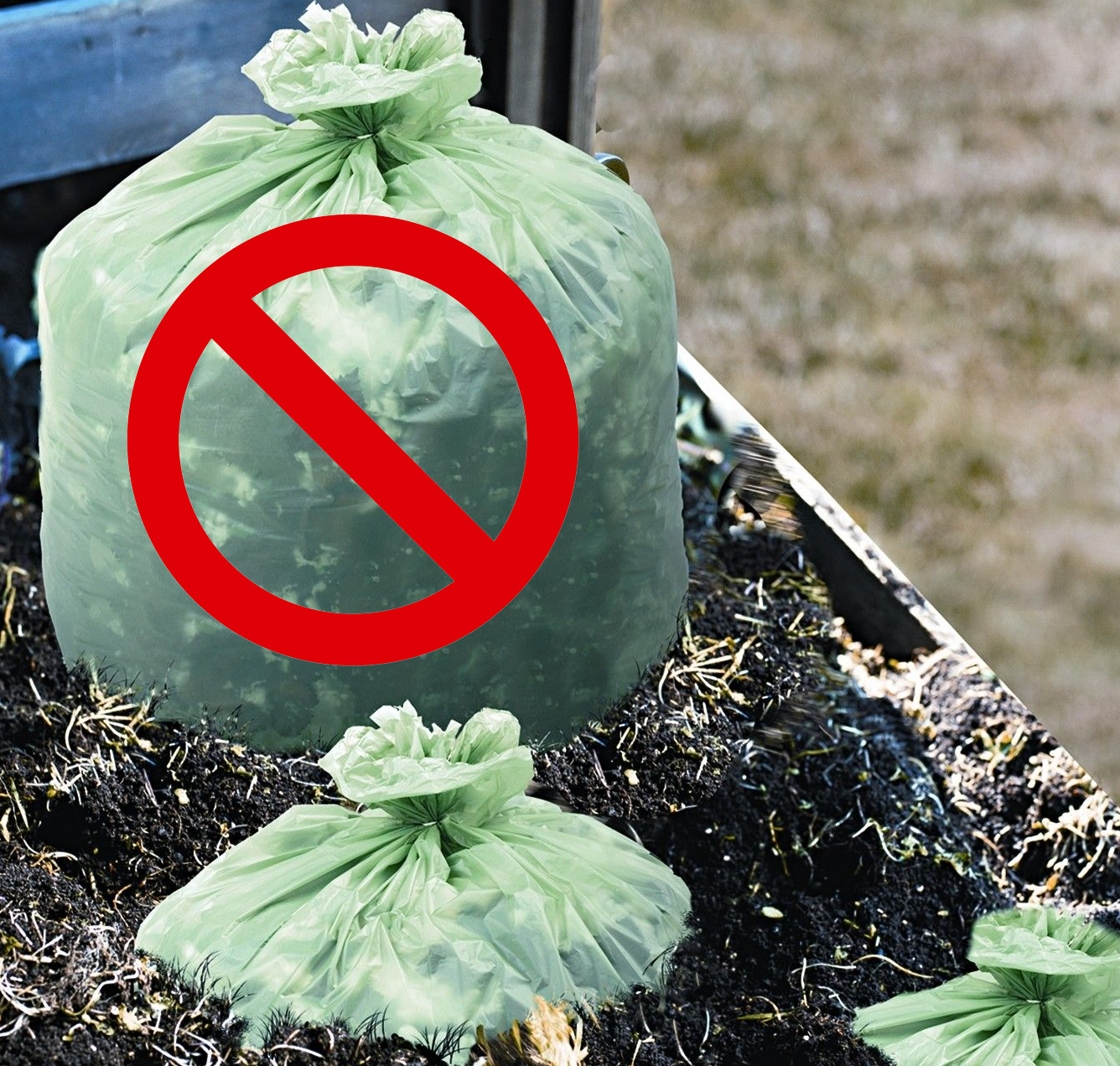 Biodegradable Plastic Bags with a Prohibited Symbol Over Them